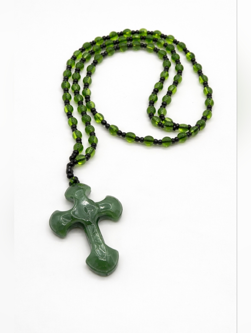 Green Jade Cross Necklace Beaded Chain Handmade Spiritual Jewelry New